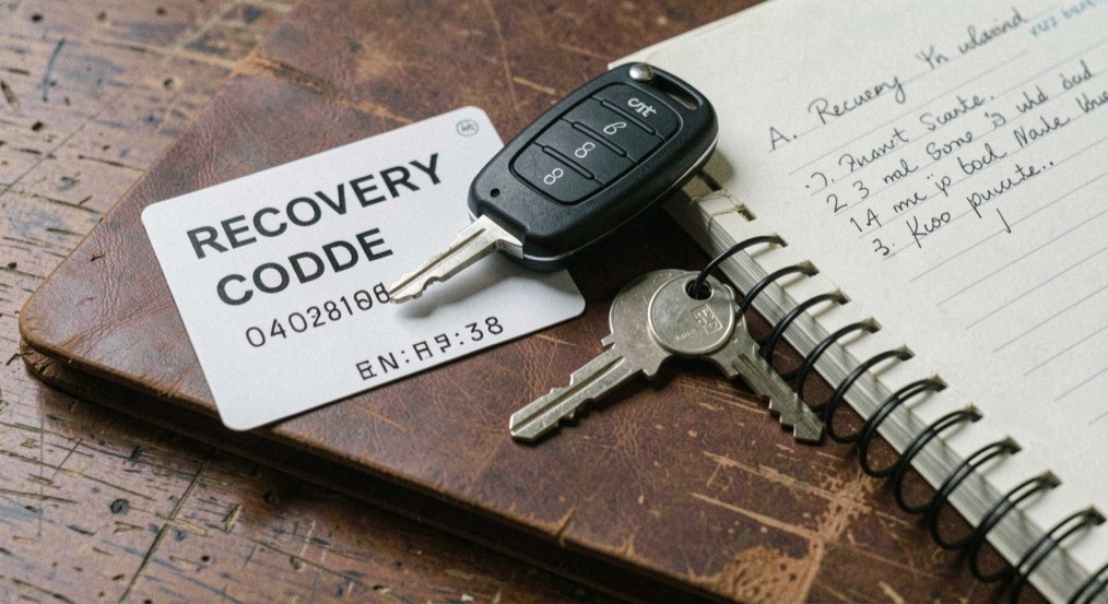 A recovery code card stored beside a security key and notebook