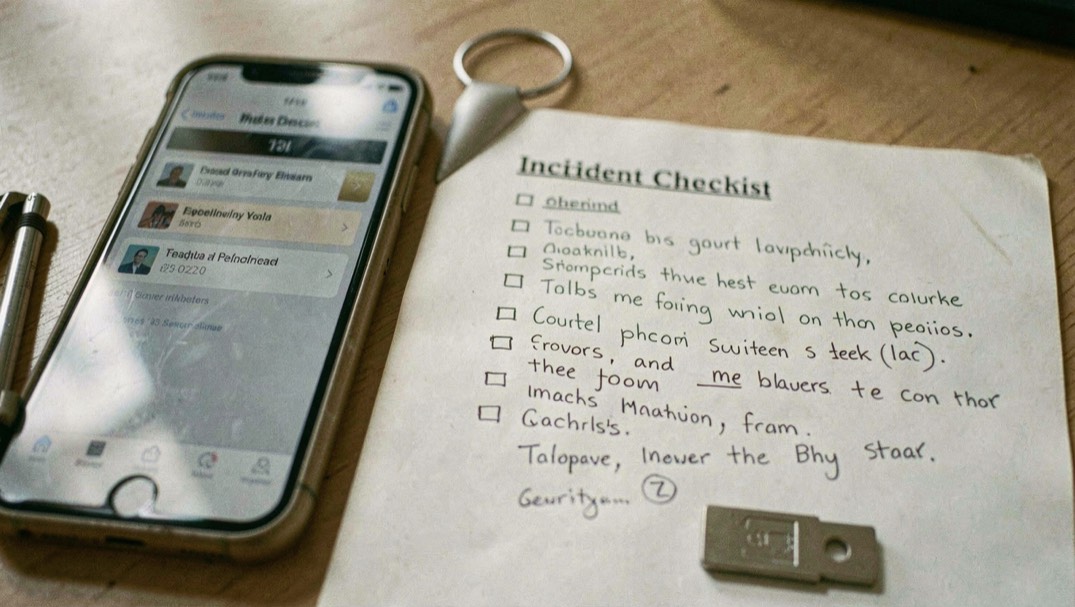 A phone beside a handwritten incident checklist and a small hardware security key