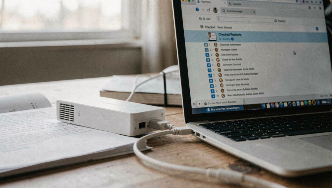 An external drive connected to a laptop beside a checked restore list