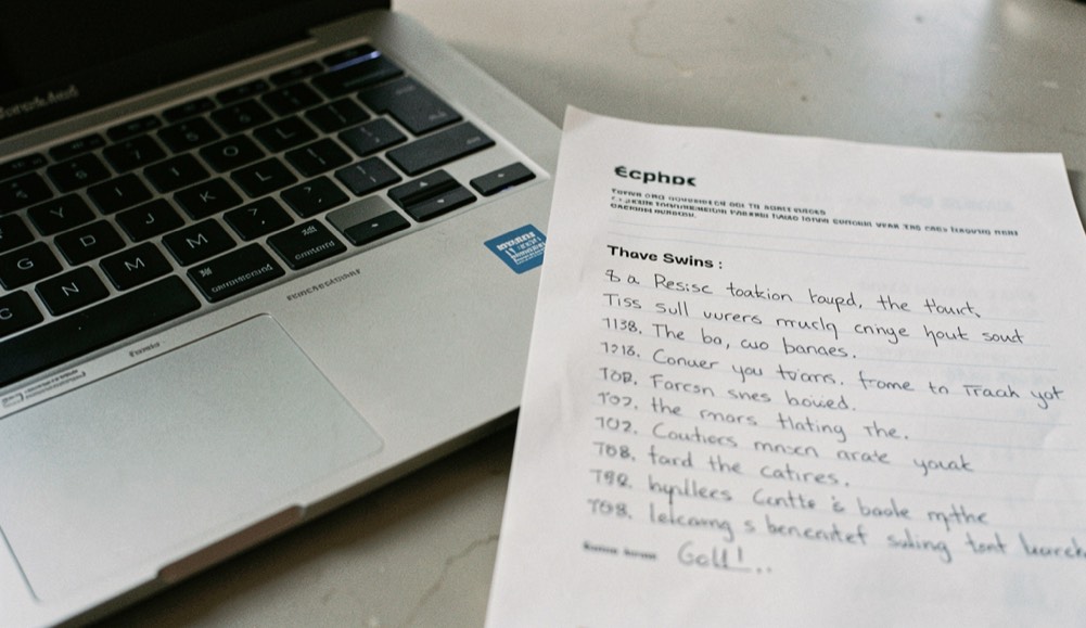 A suspicious email printed beside a laptop and a handwritten response list