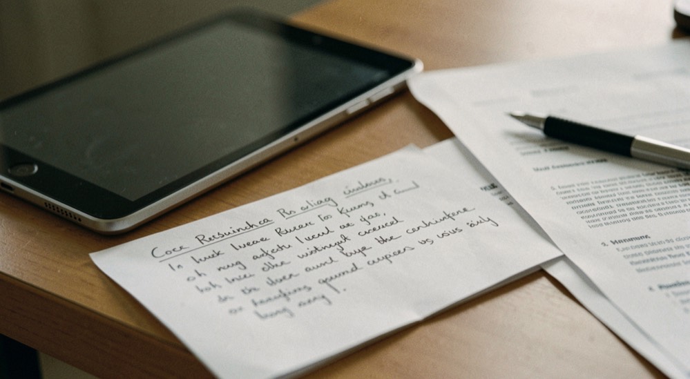 A marked-up research note beside a tablet and reference papers