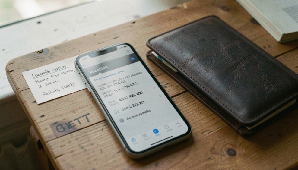A phone location note beside a wallet and recovery codes