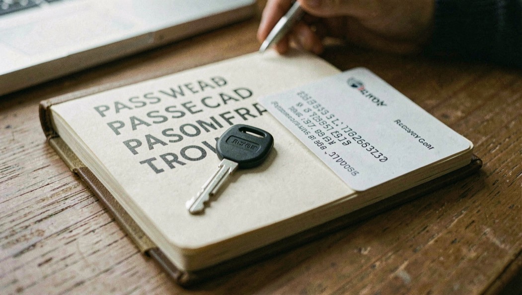 A password notebook being replaced by a security key and recovery card