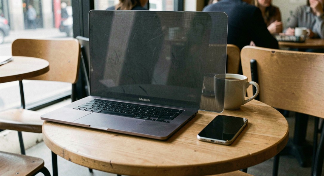 A laptop and phone on a cafe table with a privacy screen
