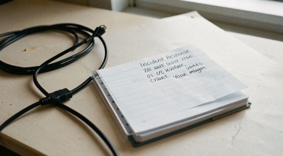 A disconnected network cable beside a clear incident response notebook