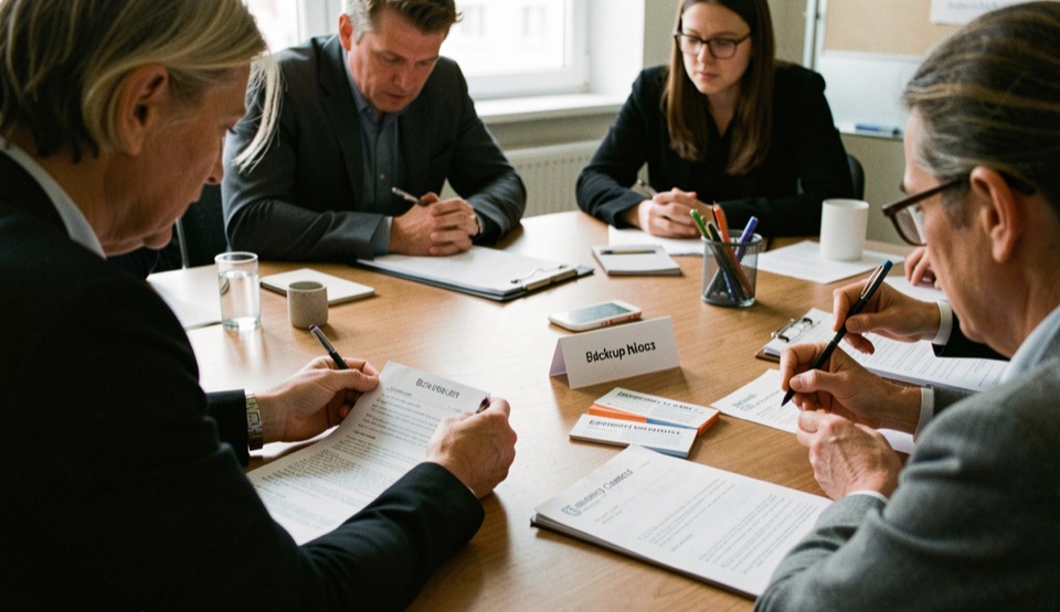 A team checking backup notes and emergency contacts around a meeting table