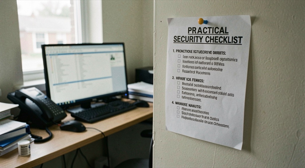 A practical security checklist pinned beside a small office workstation