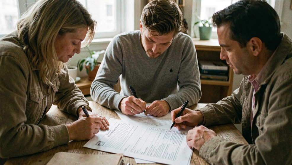 Three colleagues reviewing a printed response checklist at a shared table