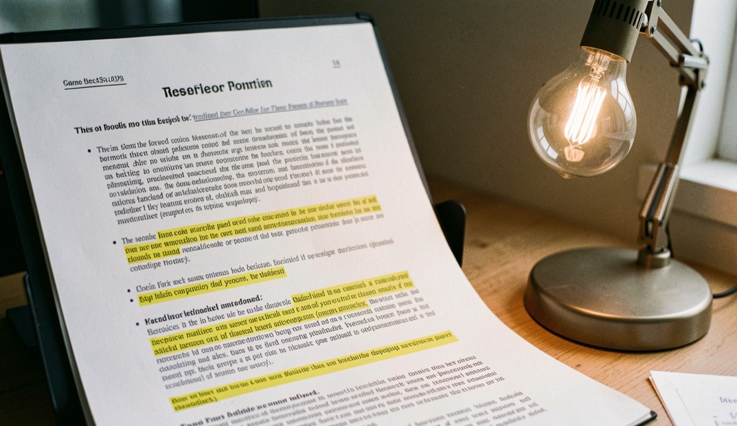 A printed research report with highlighted sections beside a modest desk lamp