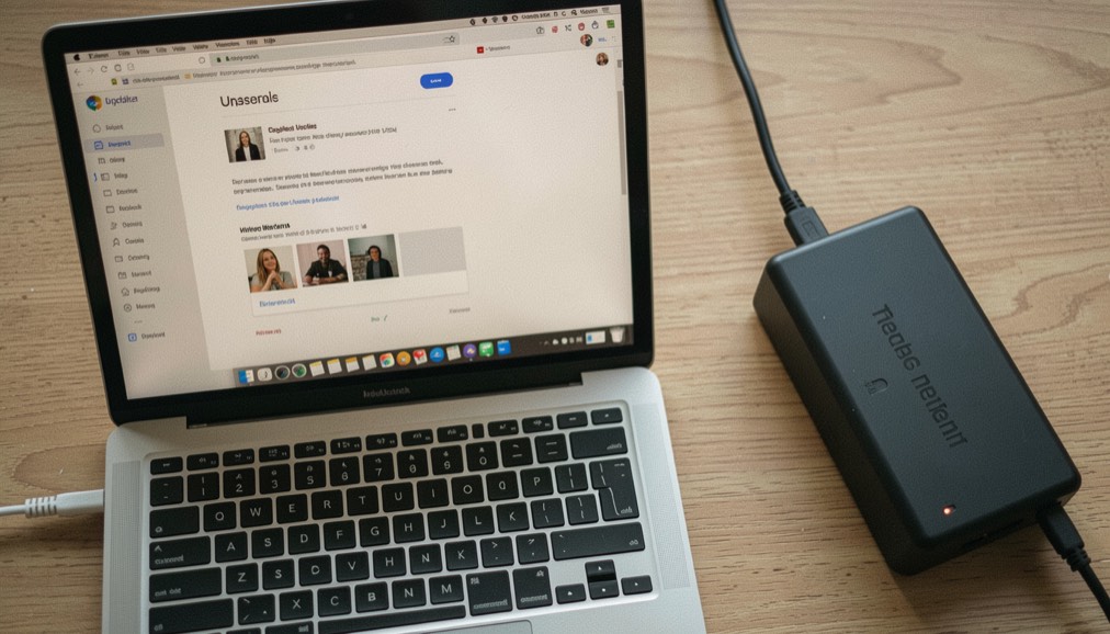 A laptop update screen viewed from above beside a trusted charger