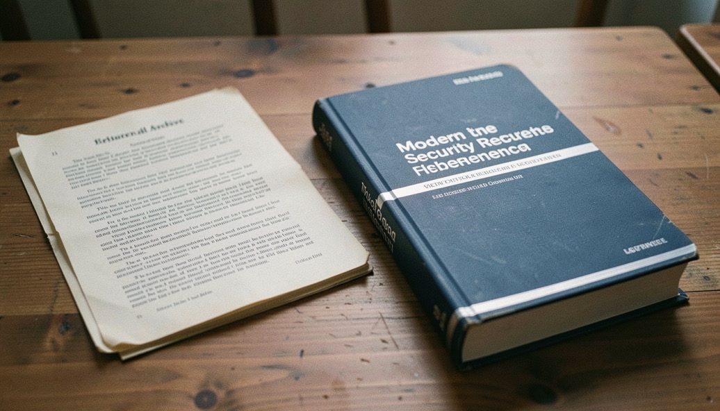 A historical web archive note beside a modern security reference book